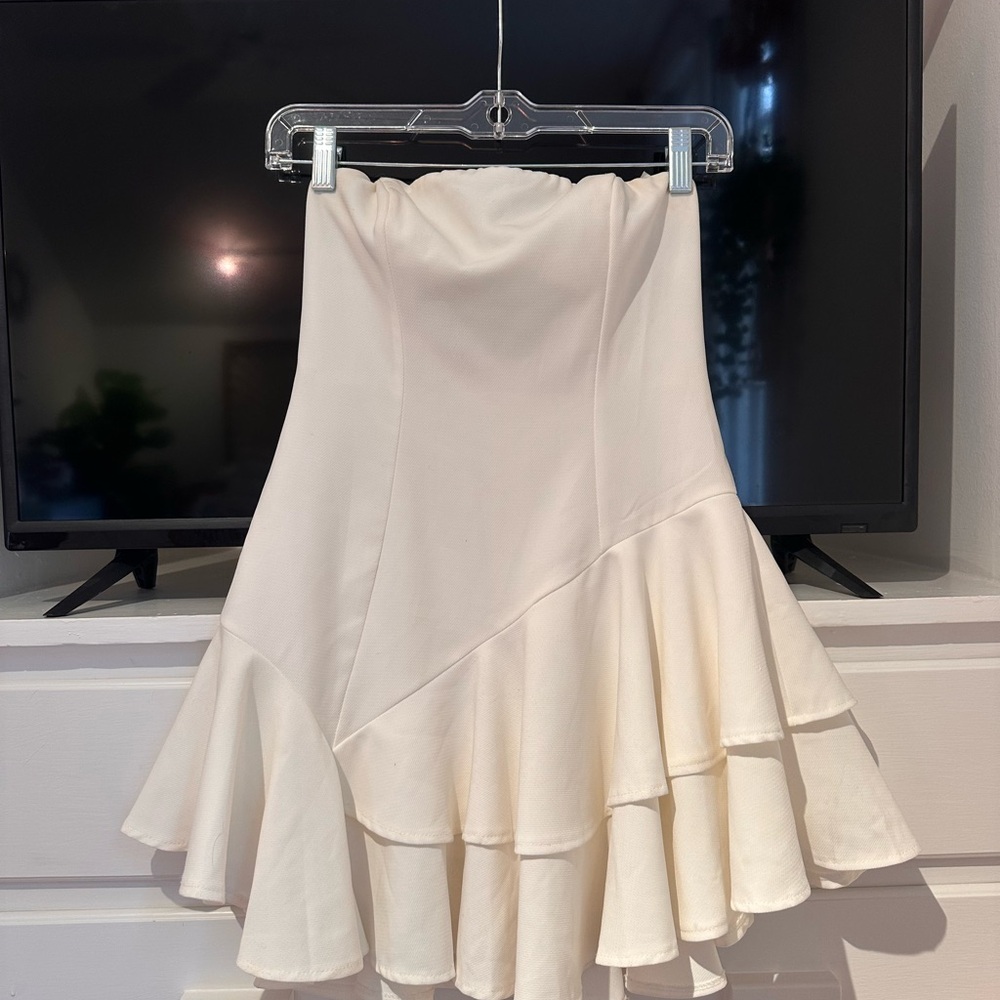 Strapless White Ruffle-Hem Mini Dress